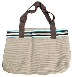 Handmade Small Tan Brown Aqua Ribbed Tote Bag